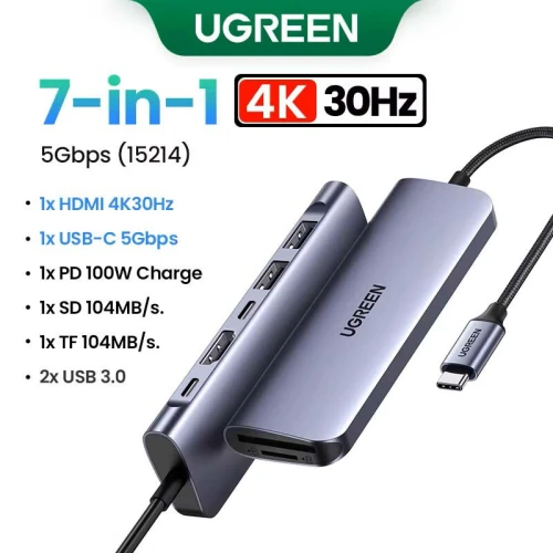 HUB Ugreen 7 en 1 USB-C type-c vers HDMI 4K, USB-A, USB-C, USB-C PD 100W, SD/TF