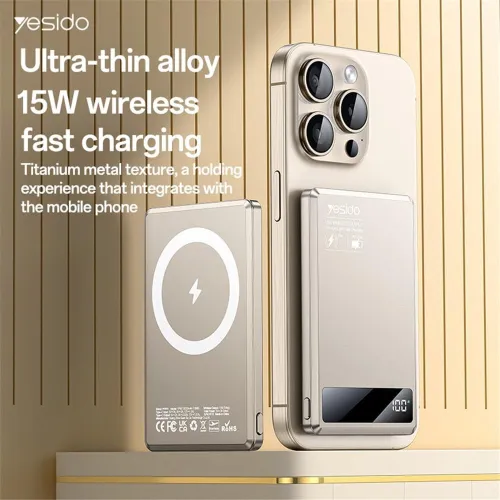 YESIDO YP66 Power Bank Ultra-Fin 5000mAh Charge Sans Fil 15W Magnétique