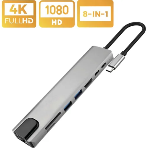 Adaptateur HUB 8 en 1 USB-C type-c to HDMI + RJ45 + 2 * Type-C + Carte SD + Micro SD + 2 * USB 3.0