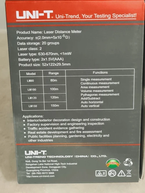UNI-T LM - Télémètre laser intérieur / extérieur 40/60/80/100m (RoHS)