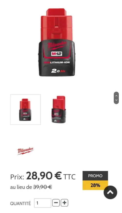 Batterie Li-Ion 12V 2.0Ah MILWAUKEE M12B2 (Redlithium-Ion)