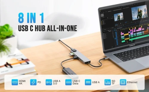 ADAPTATEUR TYPE C TO 3USB +VGA+HDMI+TF RES GIGA 8IN1 /REF: 3928 Station d'accueil