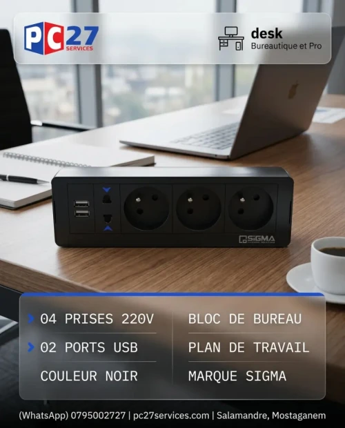 BLOC MULTIPRISE DE BUREAU POUR PLAN DE TRAVAIL SIGM - 04 PRISES 220V + 02 PORTS USB  NOIR-BLANC