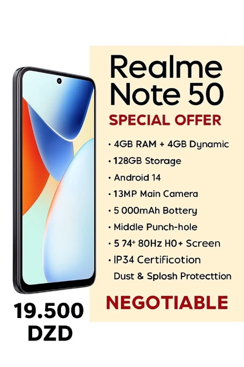 🔥 Realme Note 50 | 4+4GB RAM | 128GB | أندرويد 14 | شبه جديد 🔥 🔥 Realme Note 50 | 4+4GB RAM | 128GB | أندرويد 14 | شبه جديد 🔥