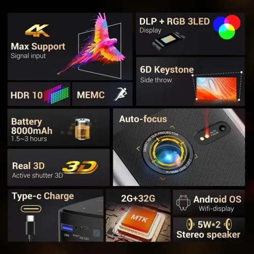 Mini projecteur , Datashow  Byintek P70 Pro Android , Cinéma 3D 4K , Avec Batterie , Wifi