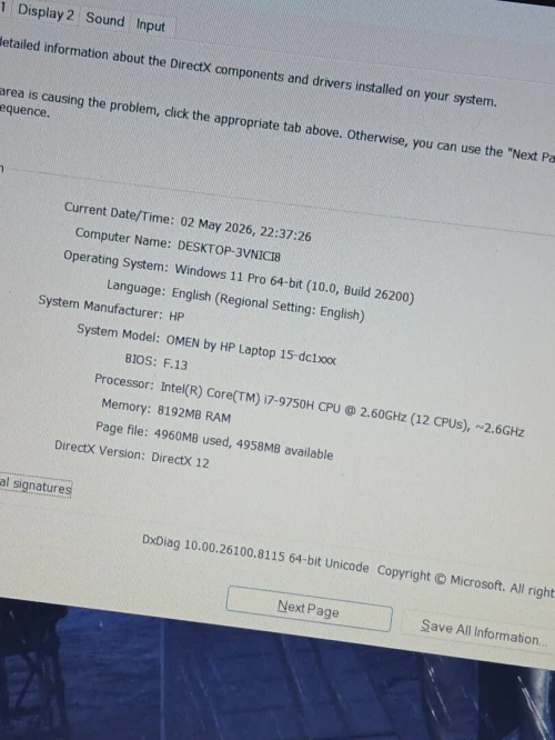 HP OMEN 15-dc1xxx I7 9750H GTX 1650 RAM 8GB SSD 256GB 15.6 FHD