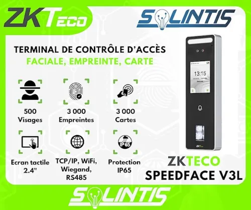 Terminal de Contrôle D'accès et De Pointage (Faciale, empreinte, carte) ZKTeco SpeedFace V3L