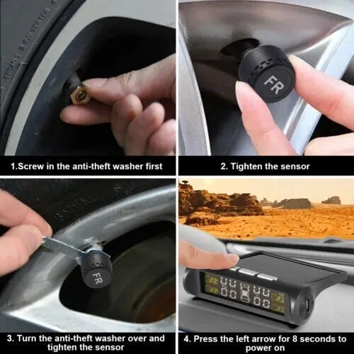Système de surveillance de la pression des pneus de voiture TPMS solaire sans fil avec écran LCD et 4 capteurs internes