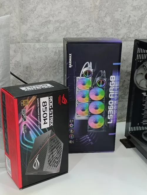 PACK PC GAMER BOITE AURES POWER SUPLY ROG STRIX GOLD 850 WAT WATER COLING RAIDMAX 3 VONTILO RGB WHITE