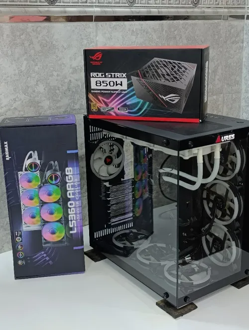PACK PC GAMER BOITE AURES POWER SUPLY ROG STRIX GOLD 850 WAT WATER COLING RAIDMAX 3 VONTILO RGB WHITE