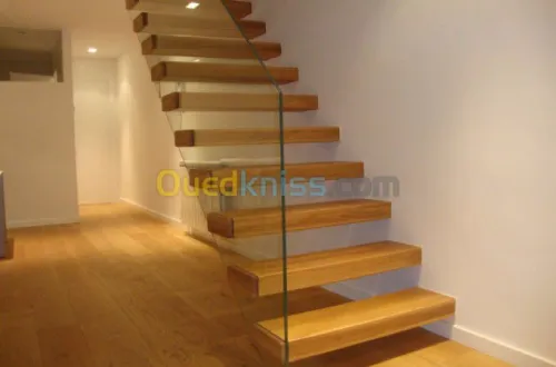 RAMPE D'ESCALIER BOIS,INOX,VERRE