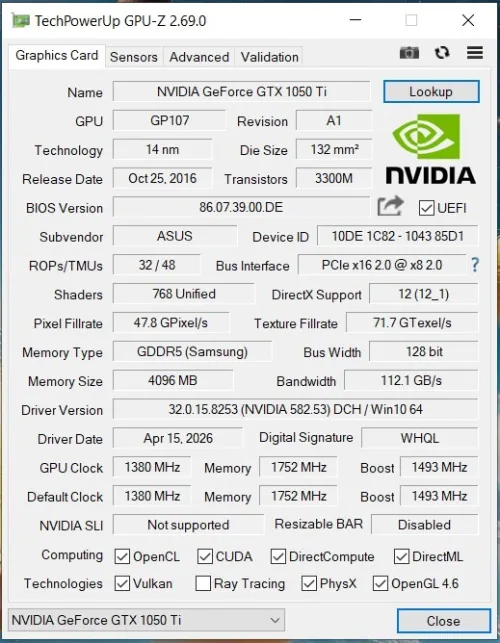 GTX 1050 Ti GAMING OC 4Gb, ASUS.