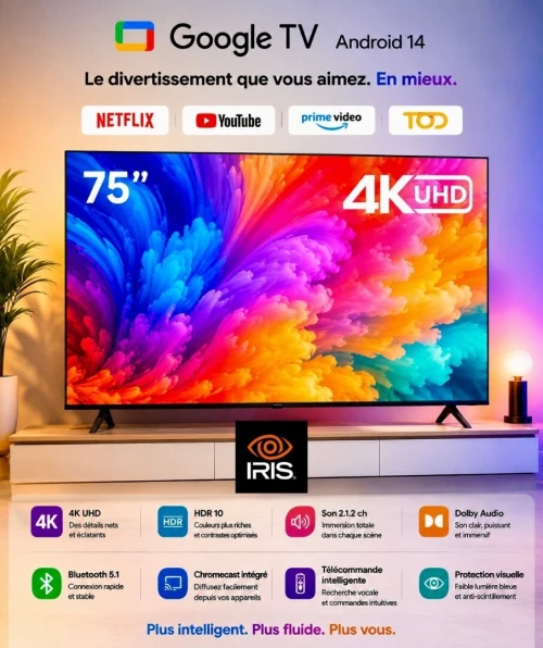 TV IRIS 75" G5020 GOOGLE TV 4k UHD MEMC ALLM HDR 10 ANDROID 14 75 pouces