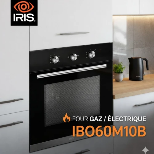 FOUR IRIS ENCASTRABLE GAZ/ELECTRIQUE M10B VERRE NOIR TROMPE CATALYSEUR VENTILATEUR 75L