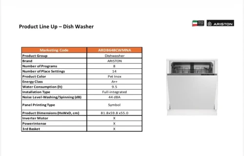 LAVE VAISSELLE ARISTON ENCASTRABLE 14 COUVERTS 8 PROGRAMMES A++
