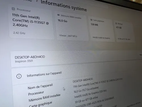 Dell Inspiron 3501 Intel Core i5 11 génération 16 Go RAM SSD 512 Go