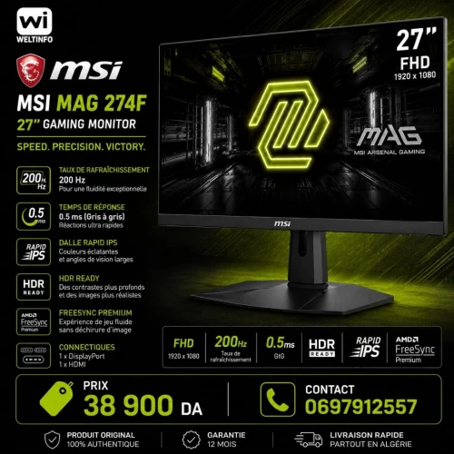 MSI MAG 274F 27 200HZ FHD RAPID IPS 0.5MS HDR READY TVD HDMI