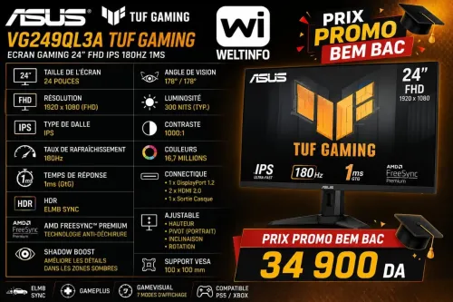 ECRAN ASUS 24 VG249QL3A TUF GAMING FHD 180HZ 1MS IPS AJUSTABLE