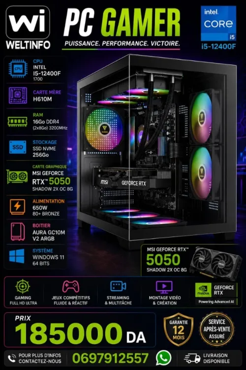 PC GAMER / I5 12400F -RAM 16GO DDR4 - SSD 256 GO - MSI RTX 5050 OC 8GO