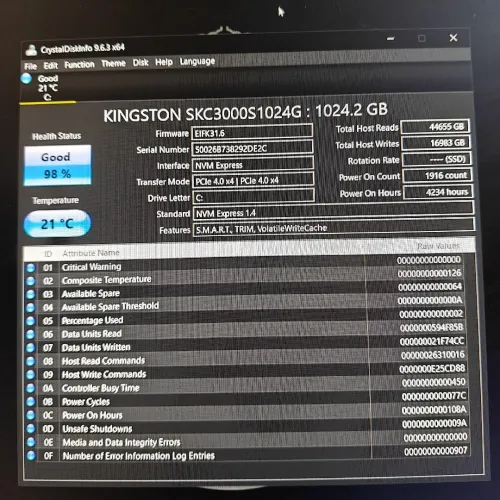 Nvme Kingston kc3000 1tb gen4 7000mb/s ssd