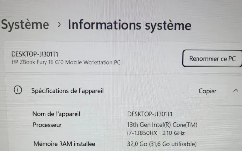HP ZBook Fury G10 | CORE i7-13850HX | NVIDIA RTX A1000 4GB | 32GB RAM | 1To NVMe SSD | MOBILE WORKSTATION