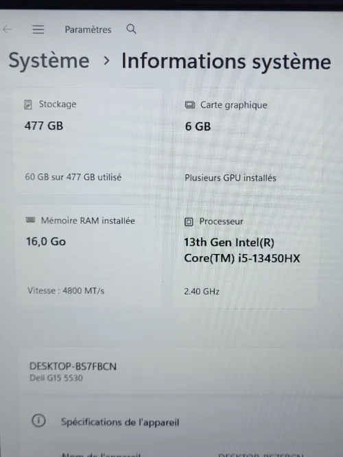 GAMING DELL G15 5530 120Hz | 13EME CORE i5-13450HX | NVIDIA RTX 3050 6GB | 16GB RAM | 512GB NVME