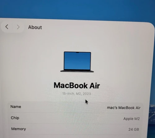 MacBook Air M2 15'' 2023 | PUCE M2 8 CPU | GPU 10 COEURS | 24GB RAM | 256GB SSD | CYCLES 362
