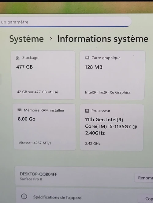 MICROSOFT SURFACE Pro 8 TACTILE - INTEL 11EME GEN i5-1135U - 8GB RAM - 512GB SSD - QHD 2880 x 1920