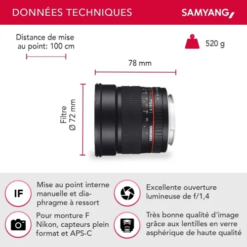 Samyang AE 85mm f/1.4 AS IF UMC plein format -APS-C Objectif portrait pour Nikon F D780 D3500 D850..