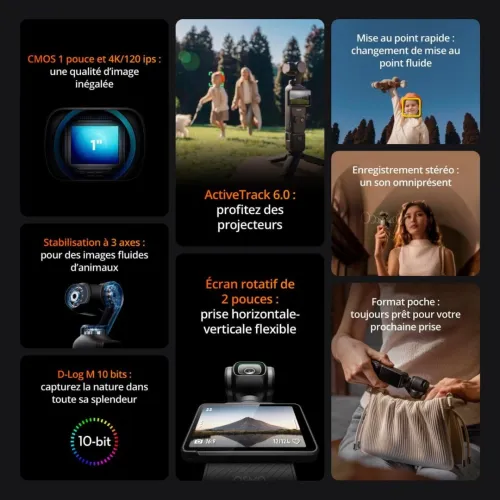 DJI Osmo Pocket 3 Créateur Combo Bundle, camera vlog CMOS 1'' et Vidéo 4K/120 ips, digital et petite, Stabilisation à 3 axes, Suivi Facial/Objet, MAP rapide, avec Micro pour un Son net