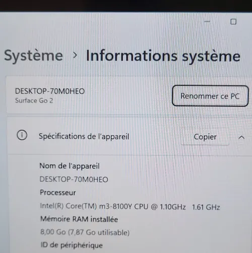 Microsoft Surface GO 2 TACTILE | CORE M3-8100Y 1.61GHz | 8GB RAM | 128GB SSD | | Poids : 544g
