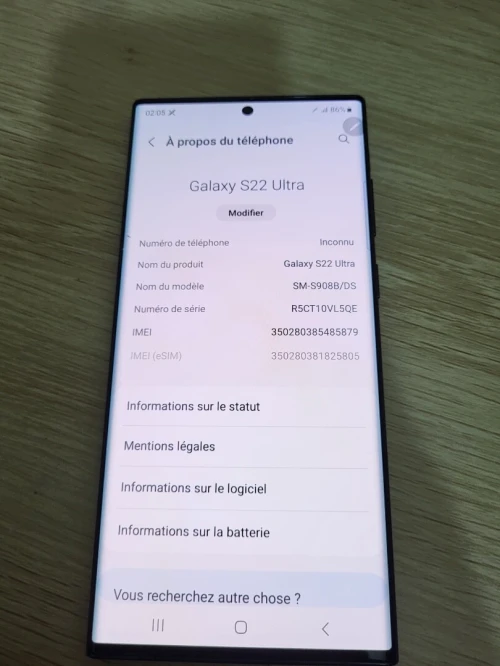 SAMSUNG GALAXY S22 Ultra 128GB 5G ( le telephone déverrouillé avec unlock bootloader d'ou le prix bas )
