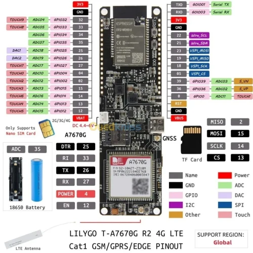 LILYGO TTGO T-A7670G (Global) R2 (2G 4G) , ESP32 compatible GSM/GPRS/Edge TF avec GPS