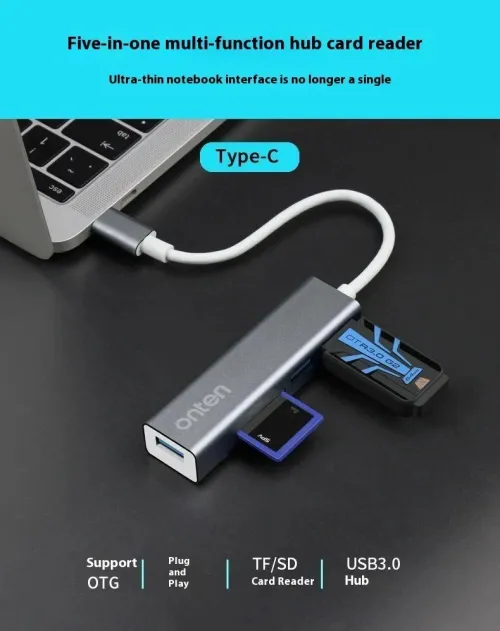Hub USB Type-C 5 en 1 3*USB 3.0 & Lecteur de carte SD TF en alliage d'aluminium OTN-9597 ONTEN