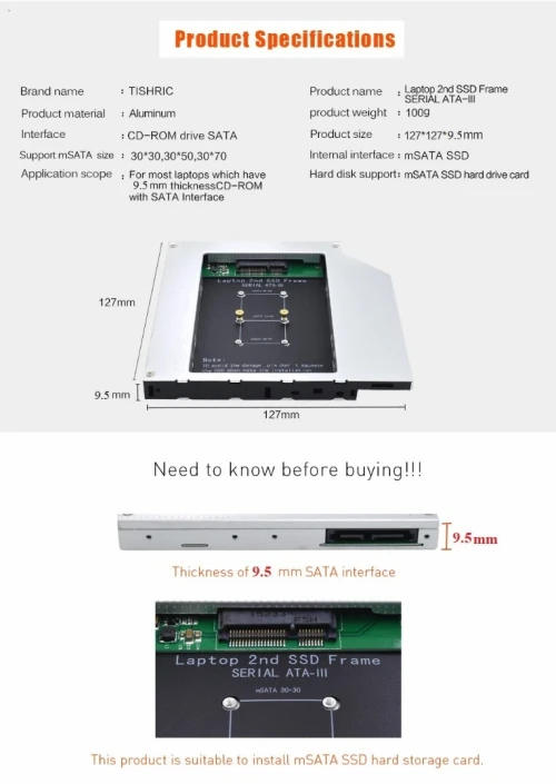 Boîtier Rack pour Disque Dur Secondaire SSD mSATA pour Ordinateur Portable SATA 9.5 mm