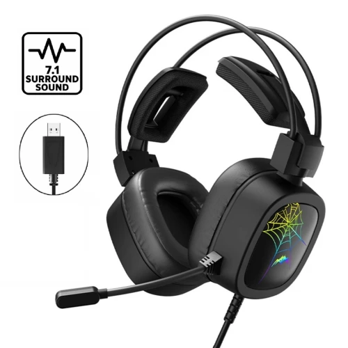 Casque Gaming eSports USB 7.1 Virtual Surround Sound RGB avec Microphone Anti-Bruit Flexible TZ-2206