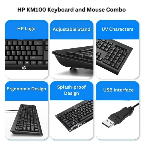 Combo clavier et souris de jeu filaires USB HP KM100 pour ordinateurs de bureau et portables - Noir
