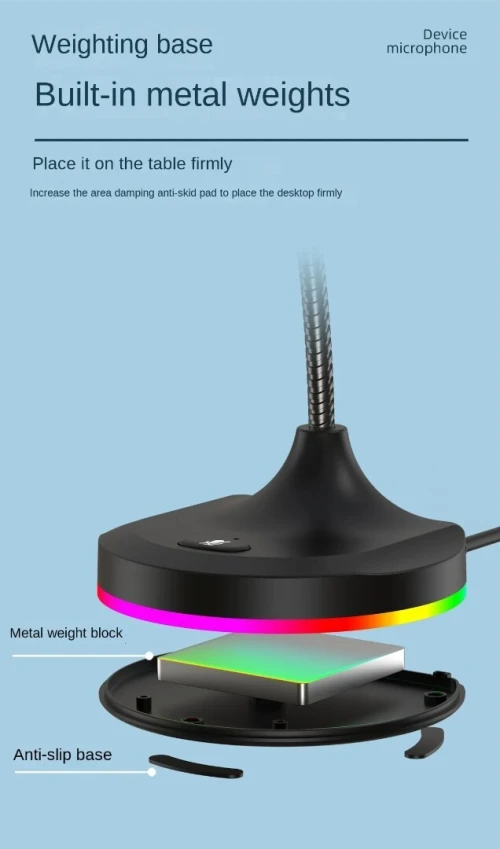 Microphone USB Omni Directionnel Flexible avec Hub 3 Ports USB, RGB, Anti- Bruit, Plug & Play