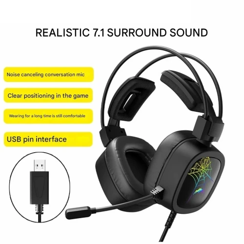 Casque Gaming eSports USB 7.1 Virtual Surround Sound RGB avec Microphone Anti-Bruit Flexible TZ-2206