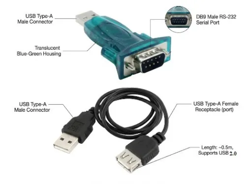 Adaptateur Convertisseur USB 2.0 vers Port Série RS232, Connecteur DB9 Mâle, avec Câble de Rallonge USB