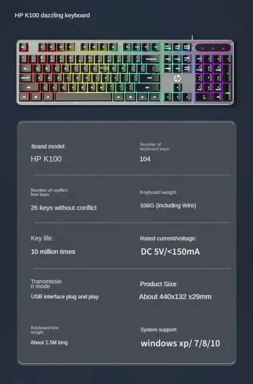 Combo clavier et souris de jeu USB filaire HP KM300F