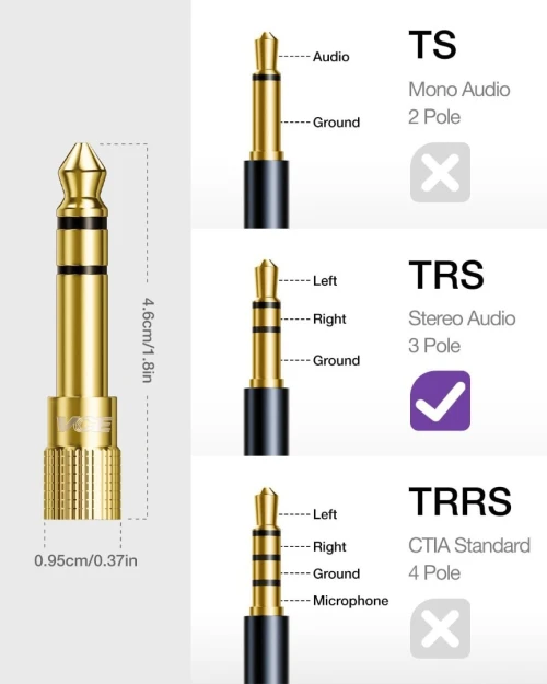 Adaptateur Audio Stéréo Professionnels Jack 6.35mm Mâle vers Jack 3.5mm Femelle 