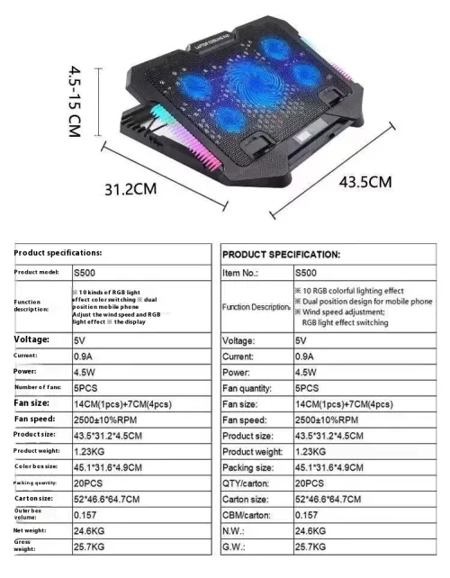 Refroidisseur Laptop de 5 Ventilateurs & Dual Support pour Mobile à RGB Compatible jusqu'à 17'' S500