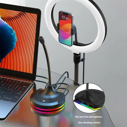 Microphone USB Omni Directionnel Flexible avec Hub 3 Ports USB, RGB, Anti- Bruit, Plug & Play