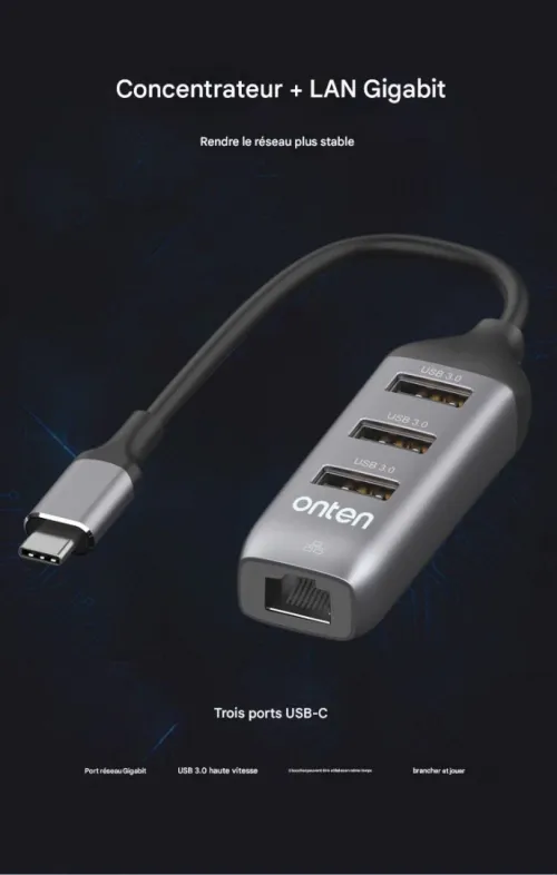 Adaptateur USB Type-C 4 en 1 Port RJ45 Réseau Ethernet Gigabit & Hub 3x USB 3.0 OTN-95118R ONTEN