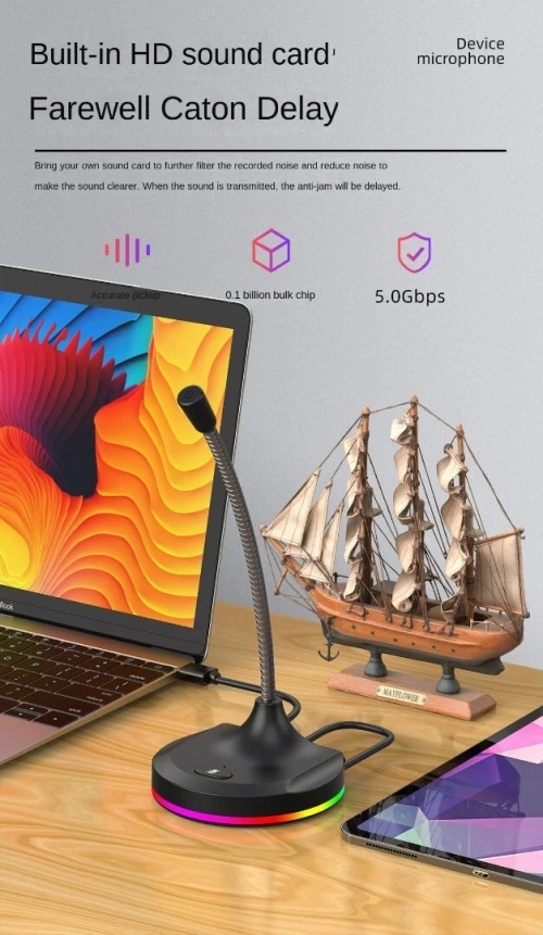 Microphone USB Omni Directionnel Flexible avec Hub 3 Ports USB, RGB, Anti- Bruit, Plug & Play