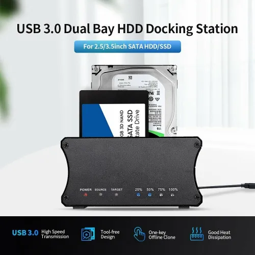 Station d'Accueil Double HDD SATA 2,5/3,5 Pouces, USB 3.0, Clonage Offline, Boîtier d'Aluminium 