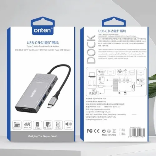 Station d'Accueil 7-en-1- USB-C, Vidéo HDMI+VGA 4K, 2*USB 3.0,  PD, SD/TF, Audio ,OTN-95113 ONTEN