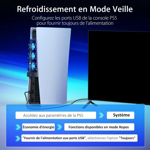 Refroidisseur avec 3 Ventilateurs & Hub USB 2.0 avec Effet Lumineux LED Bleu pour PS-5 TP5-1523E 