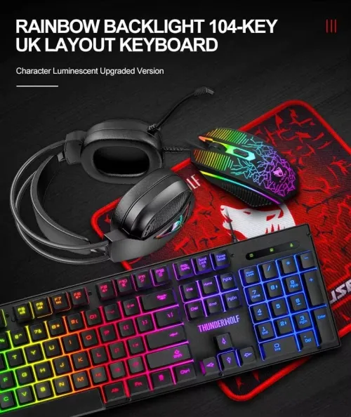  Pack Gaming 4en1 - Clavier Filaire, Souris 4 Boutons, Casque Stéréo avec Micro & Tapis TF400 T-WOLF